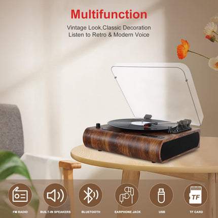 Vinyl Record Player VOSTERIO Bluetooth Record Player with Integrated HiFi Stereo Speakers, 3-Speed ​​33/45/78 RPM, Vinyl-to-MP3/FM Radio/USB/TF/Aux-In/RCA/LED Display, Vinyl Player