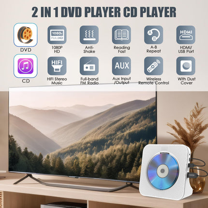 Gueray DVD Player for TV All Region Free Desktop DVD/CD Player for Home with Bluetooth Speakers Display Alarm Clock FM Radio with CD Player USB Card Playback Remote Control, HDMI &amp; AV Cable (White)
