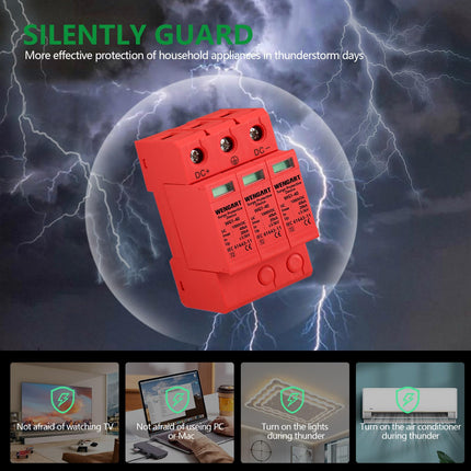 Wengart surge protection device, DC1000V 3P 20-40kA 36 mm DIN rail mounting, low-voltage protective device for lightning protection, power distribution and control devices