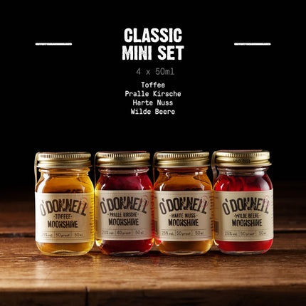 O'Donnell Moonshine'i kinkekomplekt (klassikaline) Berliinis valmistatud - 4x premium-likööri originaalpurkides (mini) – kingitused meestele ja väikesed jõulukingid – degusteerimiskomplekt viski- ja napsisõpradele