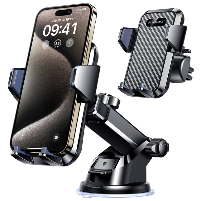 VANMASS autotelefoni hoidik 2025 uusima versiooniga autotelefoni hoidik 4-ühes ventilatsiooniga ja iminapaga telefonihoidik 100% kriimustuskindel nutitelefoni hoidik iPhone 16, Samsung S24, Huawei, Xiaomi, LG jne jaoks.