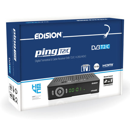 Edision PING T2 C maapealse ja kaabeltelevisiooni vastuvõtja DVB-T2 C H.265 HEVC kaardilugeja Full HD PVR, 2xUSB, HDMI, SCART, LAN, S PDIF, IR Eye, R2232, USB WiFi tugi, universaalne 2-ühes kaugjuhtimispult, must