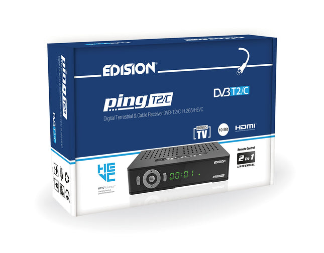Edision PING T2 C maapealse ja kaabeltelevisiooni vastuvõtja DVB-T2 C H.265 HEVC kaardilugeja Full HD PVR, 2xUSB, HDMI, SCART, LAN, S PDIF, IR Eye, R2232, USB WiFi tugi, universaalne 2-ühes kaugjuhtimispult, must