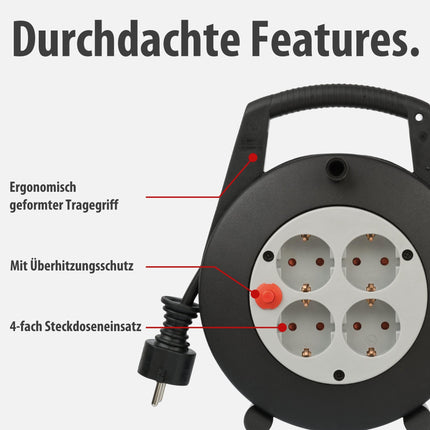 Brennenstuhl Vario Line kaablikarp 4-suunaline/minikaablirull (5m kaabel, valmistatud Saksamaal) must/hall
