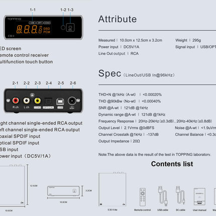 Topping E30 II lite DAC eelvõimendi – AK4493S Hi-Res XMOS XU208 DAC 32-bit/768 kHz DSD512 DSD Direct režiim USB/koaksiaal-/optiliste sisendite jaoks RCA HiFi stereo digitaalne audiodekooder