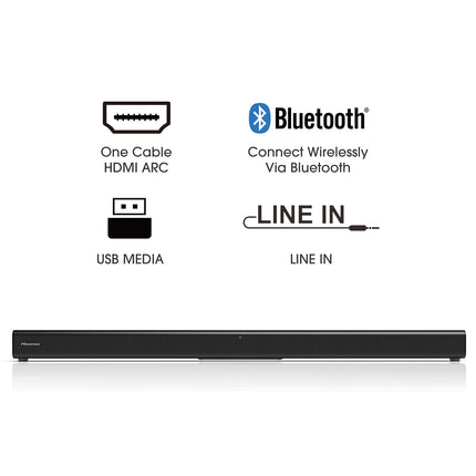 Hisense HS205G 2.0 kanaliga heliriba, 120 vatti, DTS Virtual:X, Bluetooth 5.0, HDMI Arc, USB, optiline, ekvalaiser, seinale kinnitatav, must