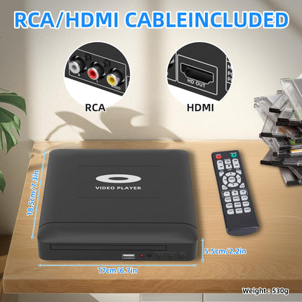 Mini HD DVD-mängija HDMI-ga, 1080P piirkonnavaba DVD-mängija nutitelerile, HDMI/RCA väljundkaabel kaasas, madalam müratase, sisseehitatud PAL/NTSC, CD-mängija koju