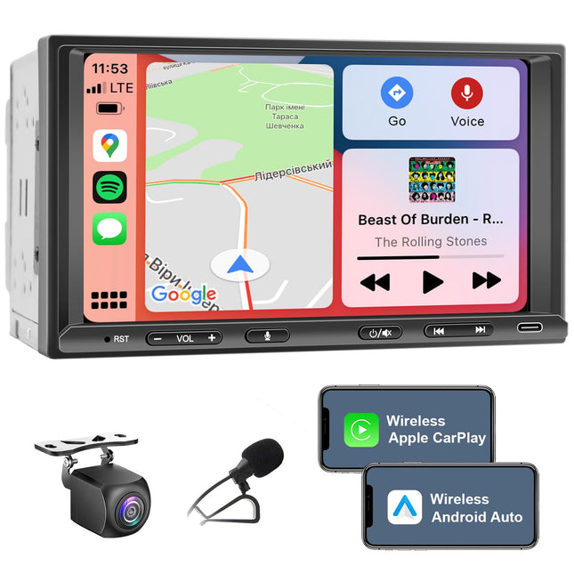 Double Din Radio Android with Wireless CarPlay &amp; Wireless Android Auto, Car Radio with Navigation 7 Inch Screen, Car Radio Touch Display with Bluetooth, WiFi, 4G, Rear View Camera, AM/FM, AUX/SWC