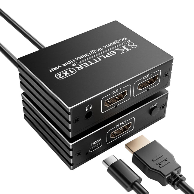 8K HDMI jaotur 1 sisend 2 väljundit - jaotur kahe monitori peegeldamiseks ja kopeerimiseks, toetab 8K@60Hz 4K@120Hz 1080P EDID HDCP2.3 HDR10 VRR Dolby Visioni PS5 Xboxi sülearvutile