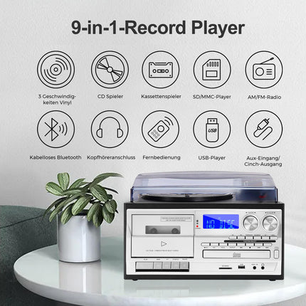 9-ühes plaadimängija Bluetoothi, CD, kasseti, AM/FM-raadio, USB SD MMC taasesituse ja kaugjuhtimispuldiga – 3-kiirusega plaadimängija, kõrvaklapipesa ja Aux In RCA Line Out.