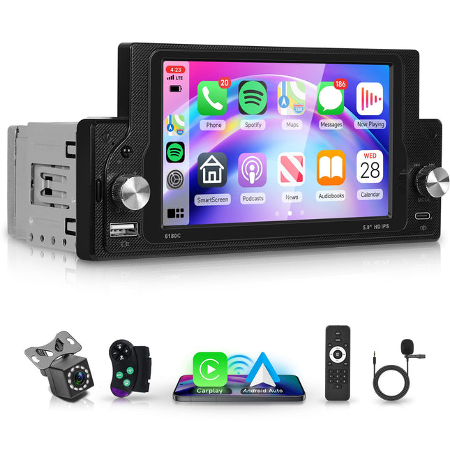 Rimoody juhtmevaba Carplay autoraadio 1 DIN juhtmevaba Android Auto IOS/Android Mirror Linkiga 5,9-tolline puutetundliku ekraaniga autoraadio Bluetoothi ​​ja FM-raadioga USB/AUX/DVR/EQ/MIC Roolil juhtimine tahavaatekaamera