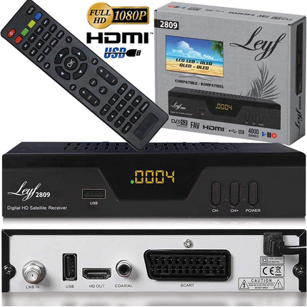 Leyf 2809 digitaalne satelliitvastuvõtja (HDTV, DVB-S/S2, HDMI, SCART, 2X USB 2.0, Full HD 1080p) [Astra Hotbird Türksati jaoks eelprogrammeeritud]