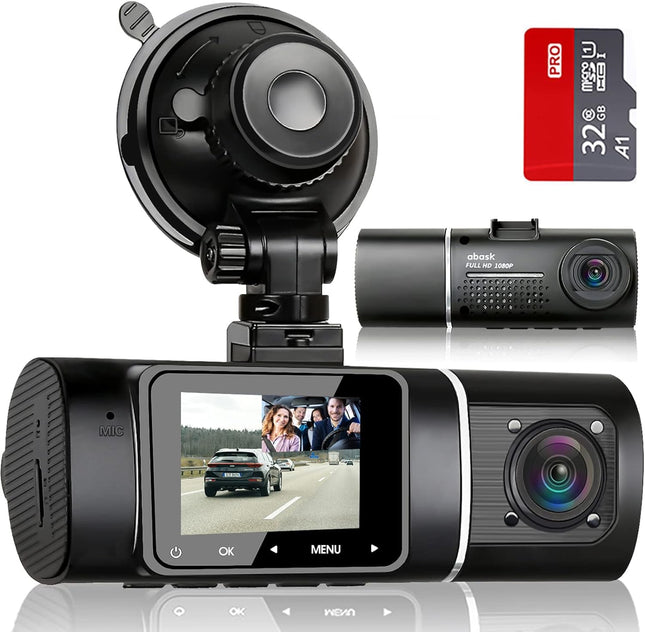 abask J05 autoregistraator 1080P esikaamera seestpoolt 32GB SD-kaardiga, 310° lainurkvaade, parkimiskaamera, liikumistuvastus, infrapuna öine nägemine, G-andur, tsükkelsalvestus, HDR, aku