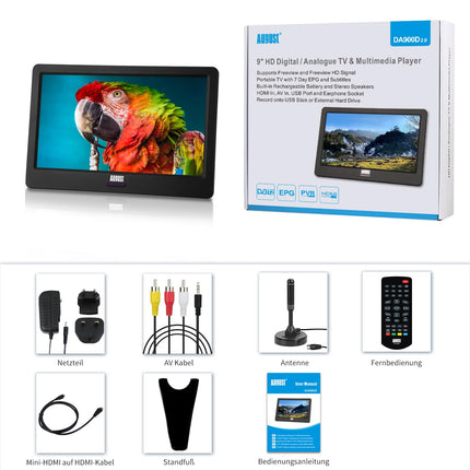 Kaasaskantav miniteler - August DA900D - 9-tolline akuga - Kaasaskantav kõrglahutusega LCD-teler DVB-T2 HD-tuuneriga / EPG / salvestusfunktsiooniga (PVR) / multimeediamängijaga / HDMI-sisendiga / USB / kõrvaklapipesaga