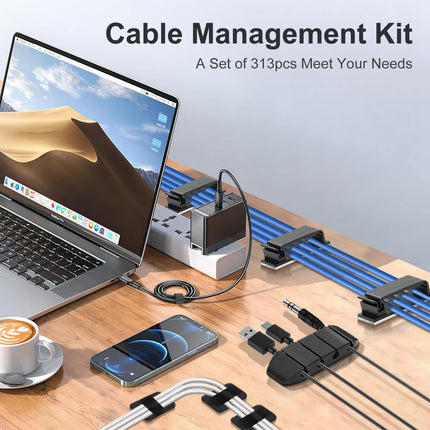 JIAHCN 313 Cable Management Set with 6 cable sleeves, 65 cable holders, 2 roll cable ties, 20 resealable cable ties, 20 adhesive bases and 200 cable ties, PC cable management for all cable TV cables