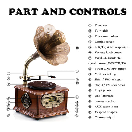 Must retro plaadimängija, Bluetoothiga plaadimängija, grammofoni ja CD taasesitus, FM-raadio, kaugjuhtimispult