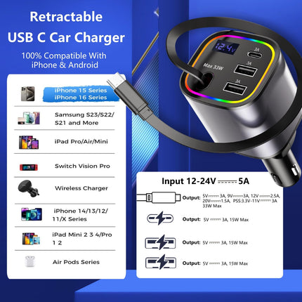 AGEMANY USB sigaretisüütaja adapter 78W, 4-ühes autolaadija sigaretisüütaja USB C kiirlaadija autotelefoni laadijad sissetõmmatav RGB-tulega iPhone'ile, Androidile, autotarvikud (hall)