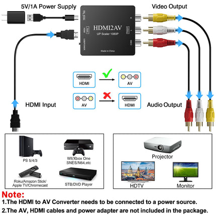 DigitConvert HDMI-RCA adapter, HDMI-AV muundur, 1080P Mini RCA komposiit CVBS audio-video muundur, toetab PAL/NTSC-d, ühildub arvuti/sülearvuti/Xboxi/teleri/Roku/Fire Stickiga