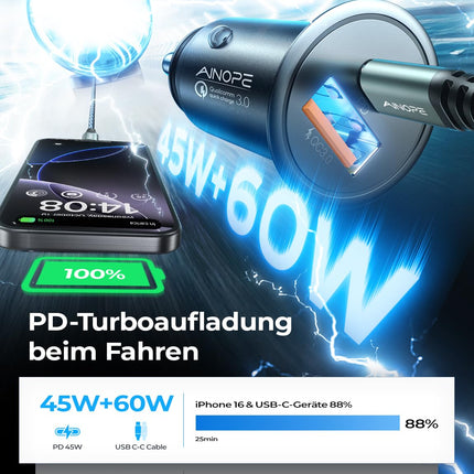 AINOPE 67,5 W sigaretisüütaja USB-C autolaadija QC3.0 PD45W kiire metallist autolaadija USB-C adapter autotarvikutele [USB-C-kaabliga] ühildub iPhone 16 15 14 Pro Max 13 iPadi ja Samsungiga