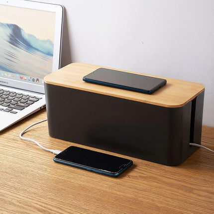 ASelected set of 3 cable boxes black, large cable organizer box with wooden lid for cables, large and small cable management box adapters, power strips, cable hiding box