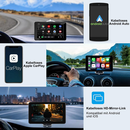 Aonerex kaasaskantav CarPlay ekraan, juhtmevaba Android Auto HD tahavaatekaameraga, 7-tolline IPS-ekraan, Bluetooth käed-vabad kõned, Siri, häälassistent, GPS-navigatsioon, MirrorLink, FM
