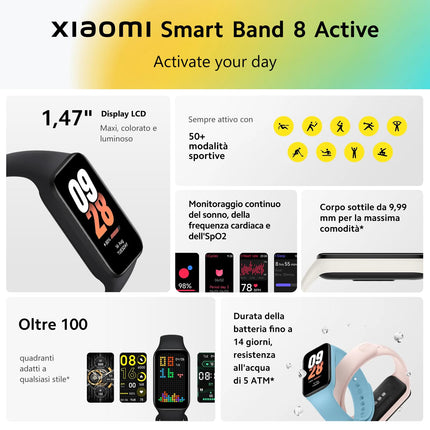 Xiaomi Smart Band 8 Active - 1,47-tolline ekraan, pulsimõõtja, üle 50 spordirežiimi, kompaktne 9,99 mm korpus, kuni 14-päevane aku tööiga, une- ja stressitase, must