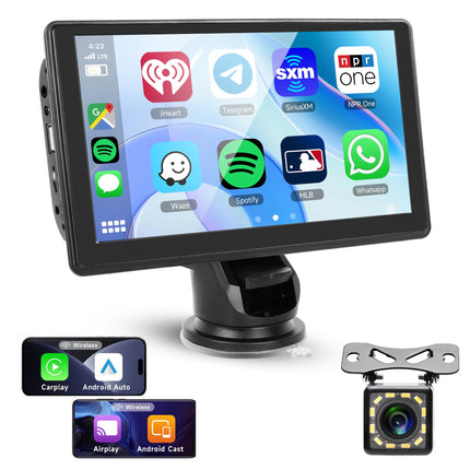Wireless Apple Carplay Android Auto Portable Car Stereo with Rear Camera 7 Inch Touchscreen Car Radio with Apple Airplay/Android Cast/Dual Bluetooth/FM Transmitter/Voice Control/Siri/GPS/TF/AUX/USB/EQ