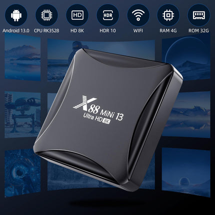Android TV Box 13.0, Android Box 4 GB RAM 32 GB ROM RK3528 neljatuumaline 64-bitine Cortex-A53 protsessor Toetab 2.4/5.0 GHz kahesageduslikku Wi-Fi 10/100M Etherneti USB 2.0 HD 8K
