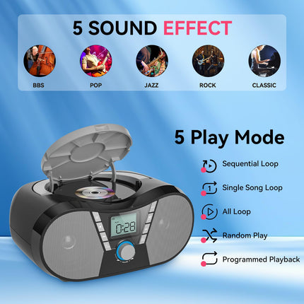 Gueray CD-mängijaga lasteraadio CD-mängijaga, kaasaskantav Boombox ekraaniga, CD-mängija Bluetooth kõlariga, CD-mängija, mälufunktsiooniga, taimeriga, USB-taasesitus, AUX-taasesitus