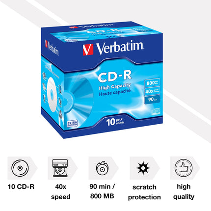 Verbatim CD-R High Capacity, blank CDs with 800 MB data storage, ideal for photo and video recordings, compatible with any conventional CD drive, 10-pack Jewel Case