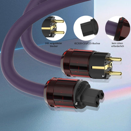 YuanYong Audiophile'i heli toitekaabel HiFi toitejuhe 12AWG 7N OCC 24K kullatud 2-auguline pistik ja IEC320-C15 pesa 125V/15A kõlarite, võimendite, subwooferite, kodukino jaoks (1M/3.3Ft)