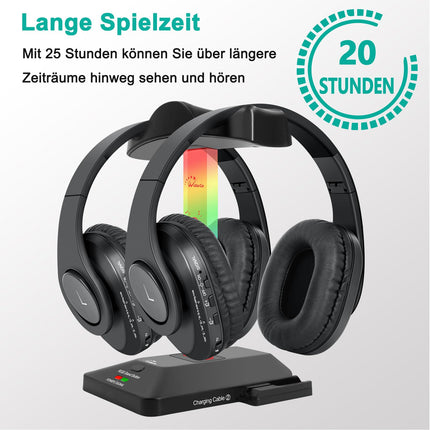 WallarGe kahekordsed juhtmevabad kõrvaklapid teleri/televiisori jaoks RF ja Bluetoothiga, kõrvapealsed juhtmevabad kõrvaklapid RF-saatja laadimisjaamaga seenioridele, optilise ja Aux-pordiga, pistikühendusega, kahe tk komplekt