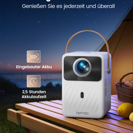 Miniprojektor【Sisseehitatud aku ja Android TV】 Toptro 1080P Full HD projektor kodukino elektrilise teravustamisega, 300 ANSI WiFi Bluetooth projektor õue, 50% suumiga väikeprojektor Netflixi/Prime Video/Dis+-iga