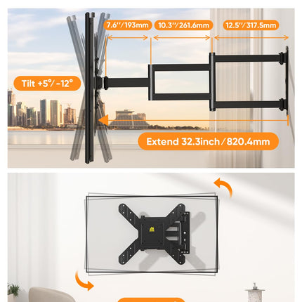 SEPISTATAV KINNITUS TV seinakinnitus Pööratav 90-kraadine telerikinnitus 26-65-tollistele teleritele 820 mm eriti pika varrega telerikinnitus seinale Pikendatav seinakinnitus, hoiab 35 kg, max VESA 400x400 mm