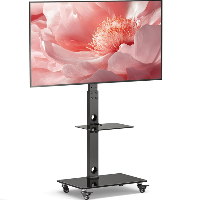 BONTEC telerialus ratastega 30–70-tollistele plasma-/LCD-/LED-ekraanidele kuni 40 kg, 6 kõrguse reguleerimisvõimalust, 2-astmelised karastatud klaasist riiulid, MAX VESA 600 x 400 mm