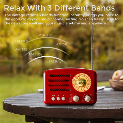 PRUNUS J-160 AM/FM/SW retroraadio Bluetoothiga, väike nostalgiaraadio 1800mAh akuga, väike köögiraadio, transistorraadio, toetab USB/TF/Aux funktsiooni. (Punane)