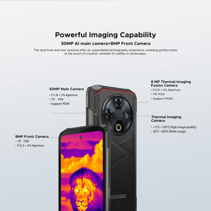 DOOGEE Fire 6 termokaameraga vastupidav 4G nutitelefon ilma lepinguta, 16 GB + 256 GB, aku 10400mAh / 18W, 50MP + 8MP SIM-kaardi lukustamata mobiiltelefonid, Android 14, 6.56 tolli, Face ID, 15.8mm õhuke sinine