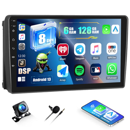 CAMECHO 6+128 9 inch Car Radio for Ford Fiesta Focus Transit Connect Kuga Mondeo Smax with Rear View Camera, Android 13 Wireless Carplay Android Auto HD Radio with Bluetooth GPS WiFi FM/RDS DSP +Canbus