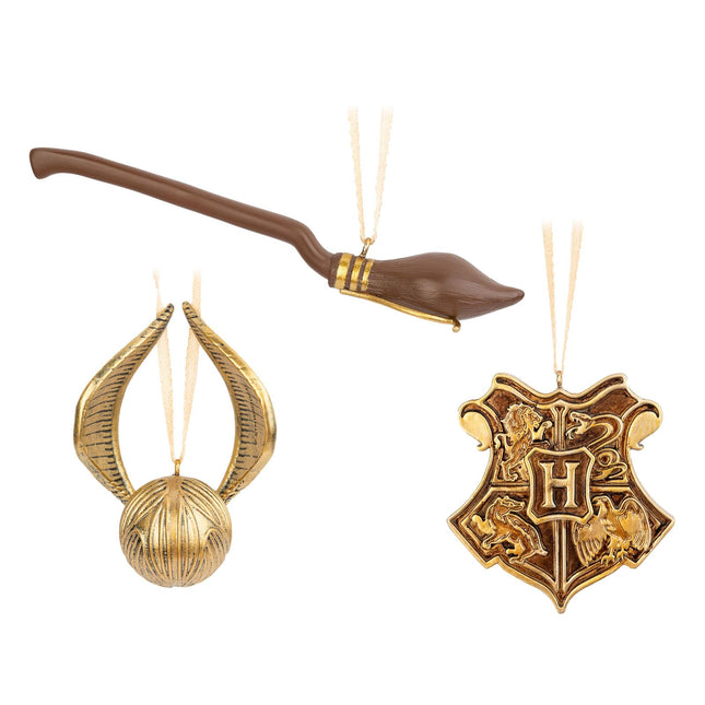 Grupo Erik Christmas tree decoration figures set Golden Golden Snitch Nimbus 2000 and Hogwarts crest 3 Christmas pendants Christmas tree decorations Christmas tree decoration figures - Harry Potter Merchandise