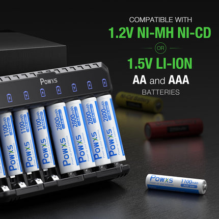 POWXS Battery Charger with AAA Battery 1100mAh 8 Pack, 8-Charging Slot Universal Battery Charger with LED Display for NI-MH NI-CD Lithium Batteries, 8 Rechargeable Batteries AAA USB &amp; Type-C Input
