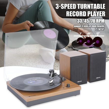 Vinyl Record Player VOSTERIO Bluetooth Record Player with Two 15W External Speakers HiFi Stereo Speakers, 3-Speed ​​33/45/78 RPM, Bluetooth Input &amp; Output, Aux-in, Walnut