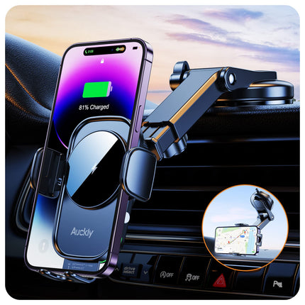 Auckly autotelefoni hoidik laadimisfunktsiooniga, 【Smart Sense】 Qi 15W kiire juhtmevaba laadija autole, induktiivne laadimine, induktsioon-autolaadija iPhone 12 13 14 15 16 Pro Max Mini Plusile (must)