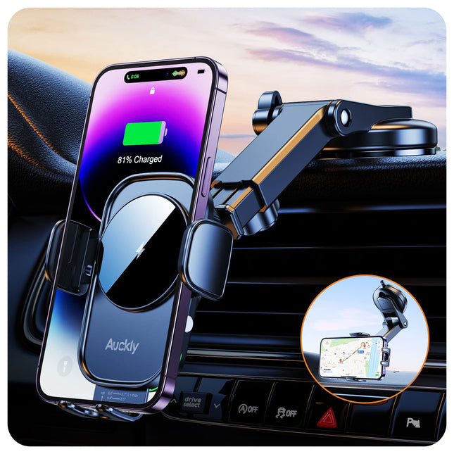 Auckly autotelefoni hoidik laadimisfunktsiooniga, 【Smart Sense】 Qi 15W kiire juhtmevaba laadija autole, induktiivne laadimine, induktsioon-autolaadija iPhone 12 13 14 15 16 Pro Max Mini Plusile (must)