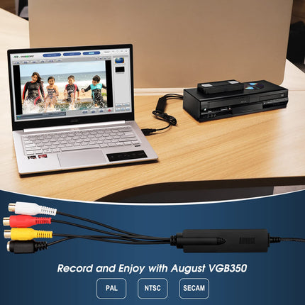 USB Video Grabber – August VGB350 Converter with Composite and S-Video connection for digitizing VHS Hi8 cassettes to DVD USB hard drive – Supports SECAM PAL NTSC – Compatible with Windows