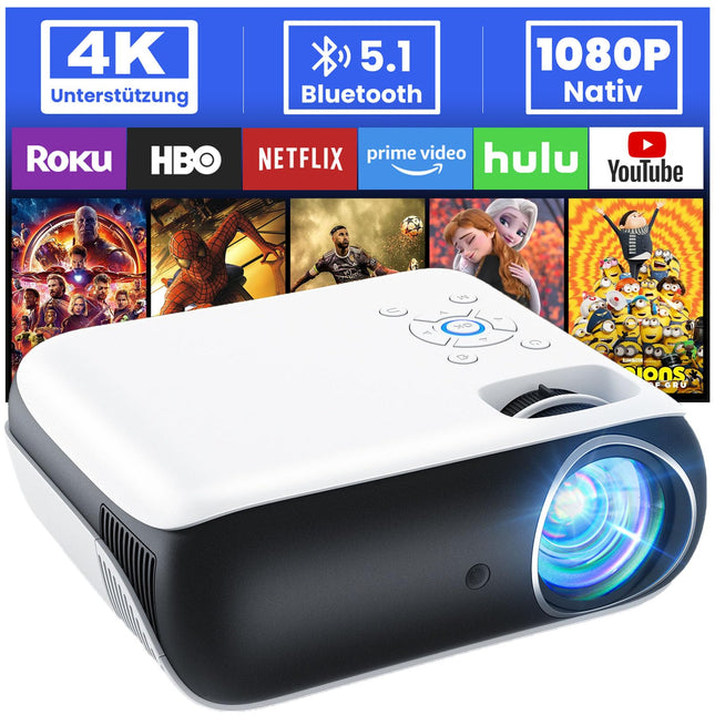 HOPVISION Projector, Full HD 1080P Projector, Bluetooth Projector 4K Supported, Portable Mini Projector Home Theater, Home/Outdoor Projector Compatible with Smartphone/HDMI/USB/AV/Fire Stick/PS5