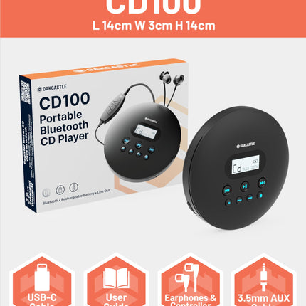 Kaasaskantav CD-mängija Bluetooth 5.3 USB-C ja 12-tunnise akuga | Kaasaskantav CD-mängija autosse ja lastele | Discman CD-mängija löögikindla kattega | MP3-CD tugi ja kõrvaklapid | Oakcastle CD100