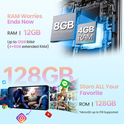 CUBOT A10 lukustamata telefon, 12(4+8) GB + 128 GB / 1 TB, Android 14 nutitelefon, 6,56-tolline HD+ / 90Hz ekraan, 48MP + 16MP kaamera, 5100mAh, kahe SIM-kaardiga 4G lukustamata telefonid, Face ID/GPS/OTG