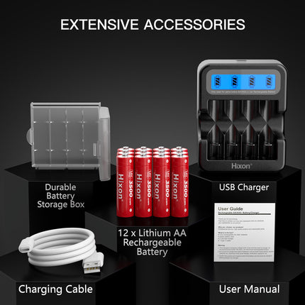 Hixon 1.5V AA Battery, Rechargeable AA Lithium Battery, New Low Voltage Reminder Function, 3500mWh 1.5V Constant Output, 12 Pack Rechargeable Lithium AA Battery with LCD Display Charger