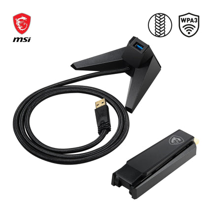 MSI AX1800 WiFi 6 kahesageduslik USB-adapter - WiFi kuni 1800 Mbps (5 GHz, 2,4 GHz traadita), USB 3.2 Gen 1 Type-A, MU-MIMO, reguleeritav antenn, kiirguse kujundamine, WPA3 - juhtmega kinnitus kaasas