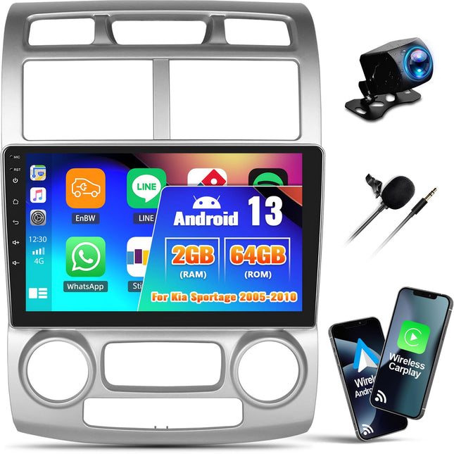 OiLiehu 2G+64G Android 13 raadio 2din Carplay Android Auto Kia Sportage 2005-2010 autoraadio ekraaniga 9-tolline autoraadio peegli lingi/ekvalaiseri/Bluetoothi/SWC/FM RDS/WiFi/GPS/tagurduskaameraga